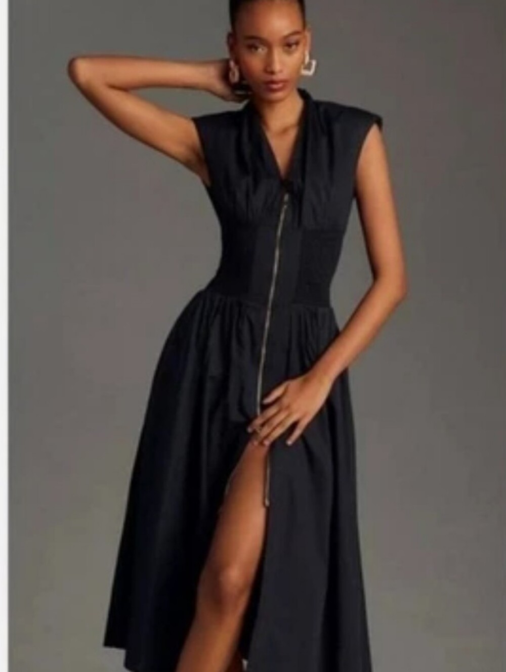 Anthropologie Black Smocked Front-Zip Midi Dress